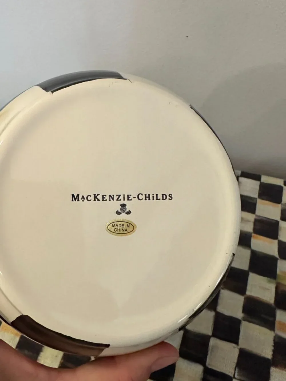 MacKenzie-Childs Courtly Check Enamel Vase With Green Ribbon 10